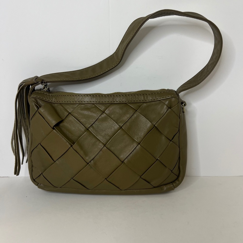 Womens Hobo International Kole Woven Leather Shoulder‎ Bag Green 7 x 10"
